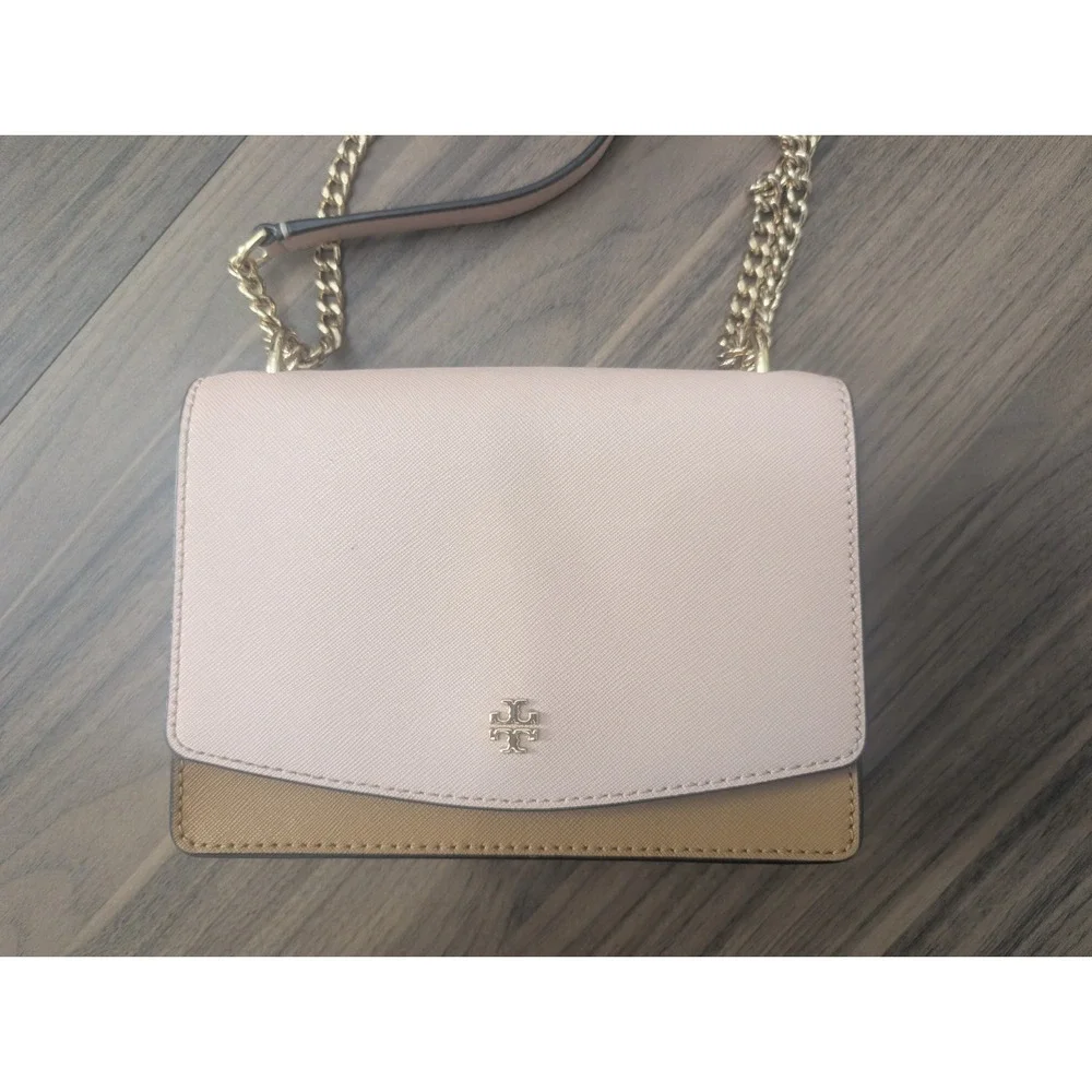 Tory Burch Pink Beige Colorblock Flap Crossbody Bag Gold Chain Magnetic